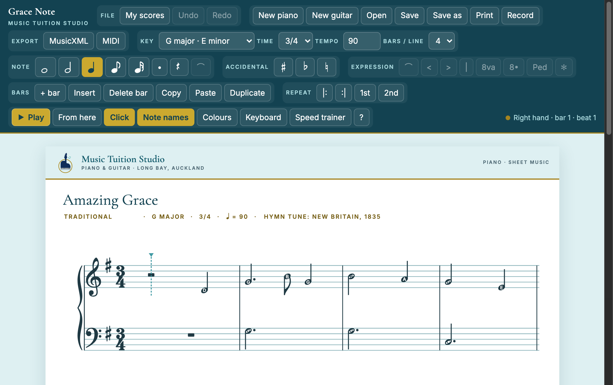 Grace Note with Amazing Grace open: two staves of music in G major, three-four time, with each note's letter name printed inside the notehead.