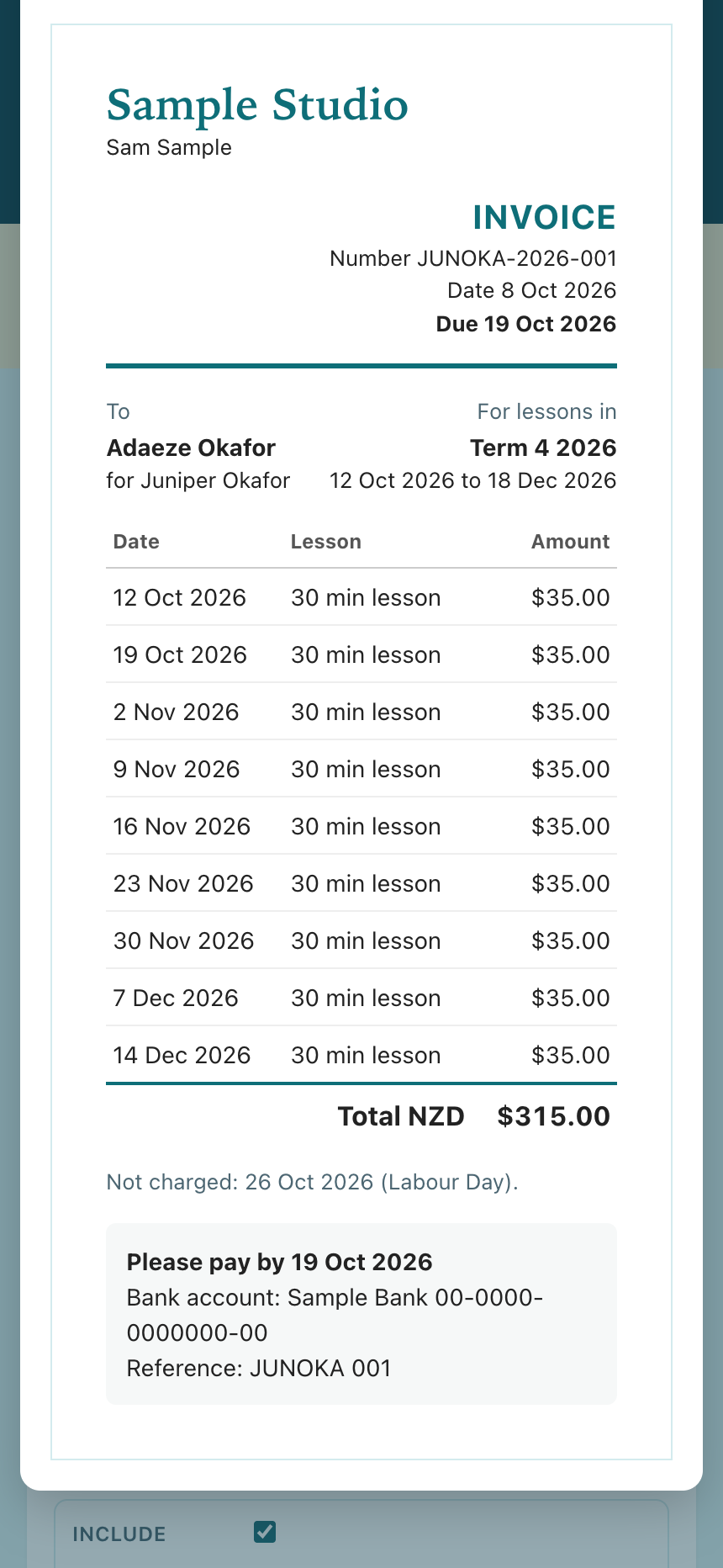 A term invoice from the sample studio, with 26 October, Labour Day, listed under Not charged.